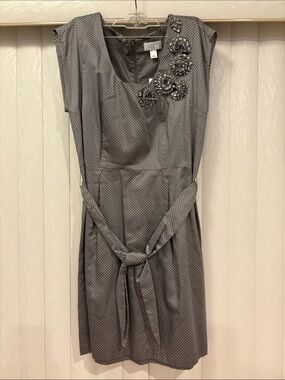 LOFT Gray Polka Dot Cap-Sleeve Dress with Floral Appliqué and Waist Tie